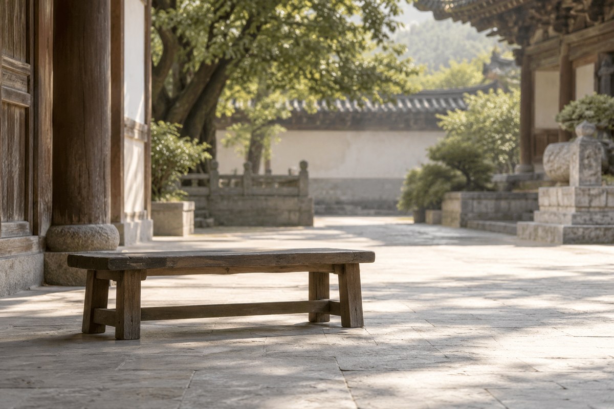 An empty low wooden seat on a pale stone courtyard floor.