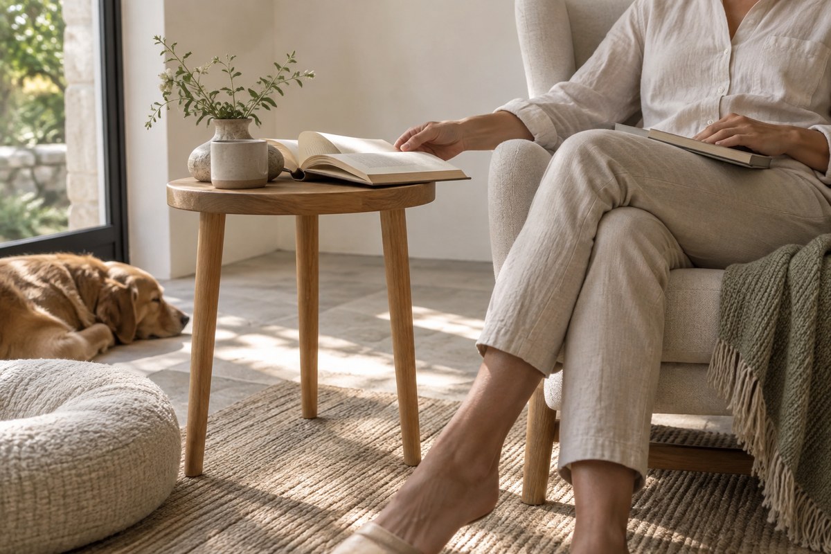 A reader rests a slim closed book beside a larger open volume in a bright reading corner.