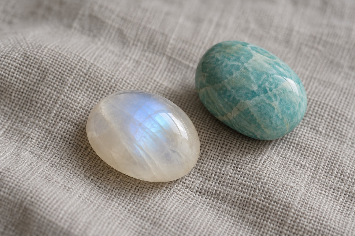 A milky pale stone with a soft blue reflection and a blue-green stone