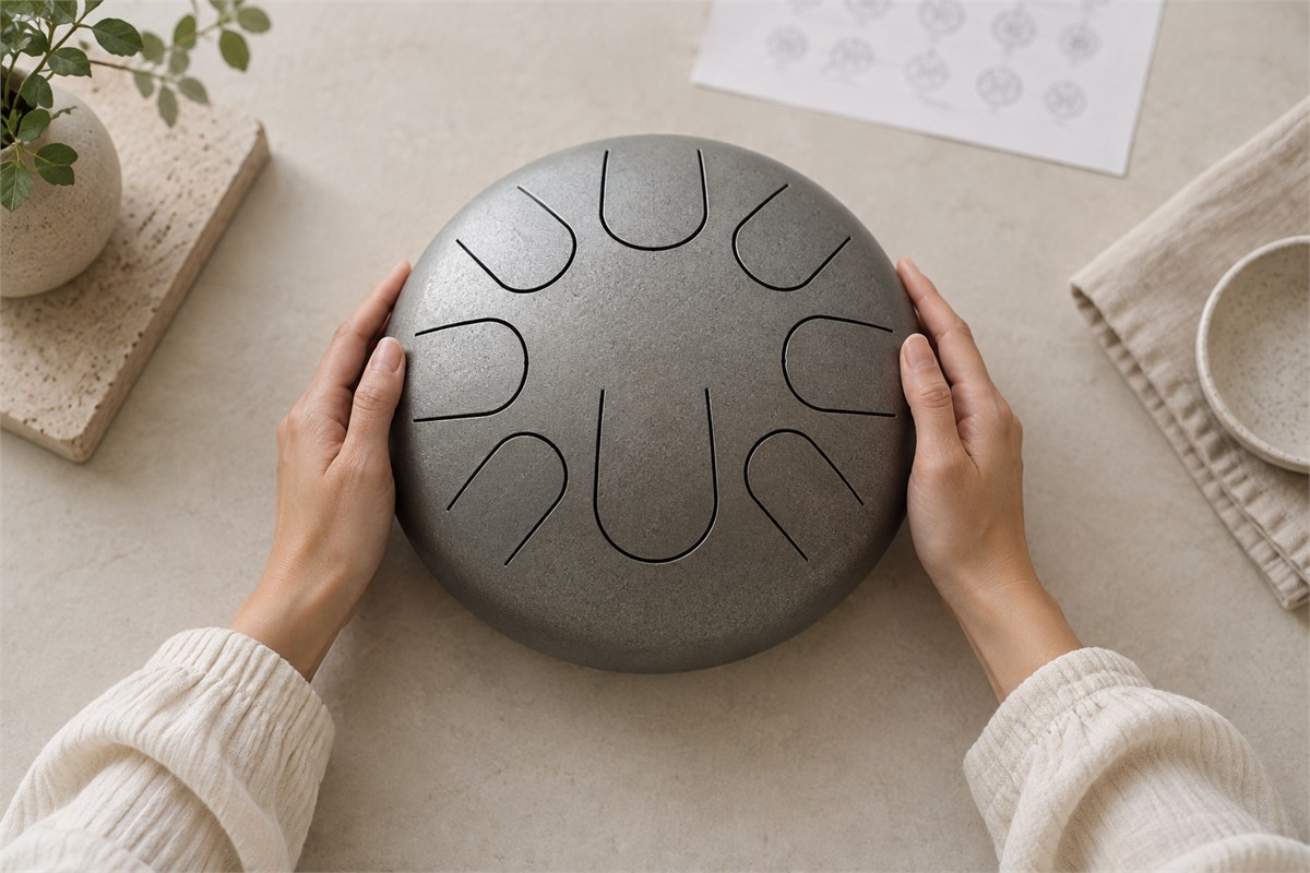 An adult turns a steel tongue drum on a clear table beside an out-of-focus paper chart.