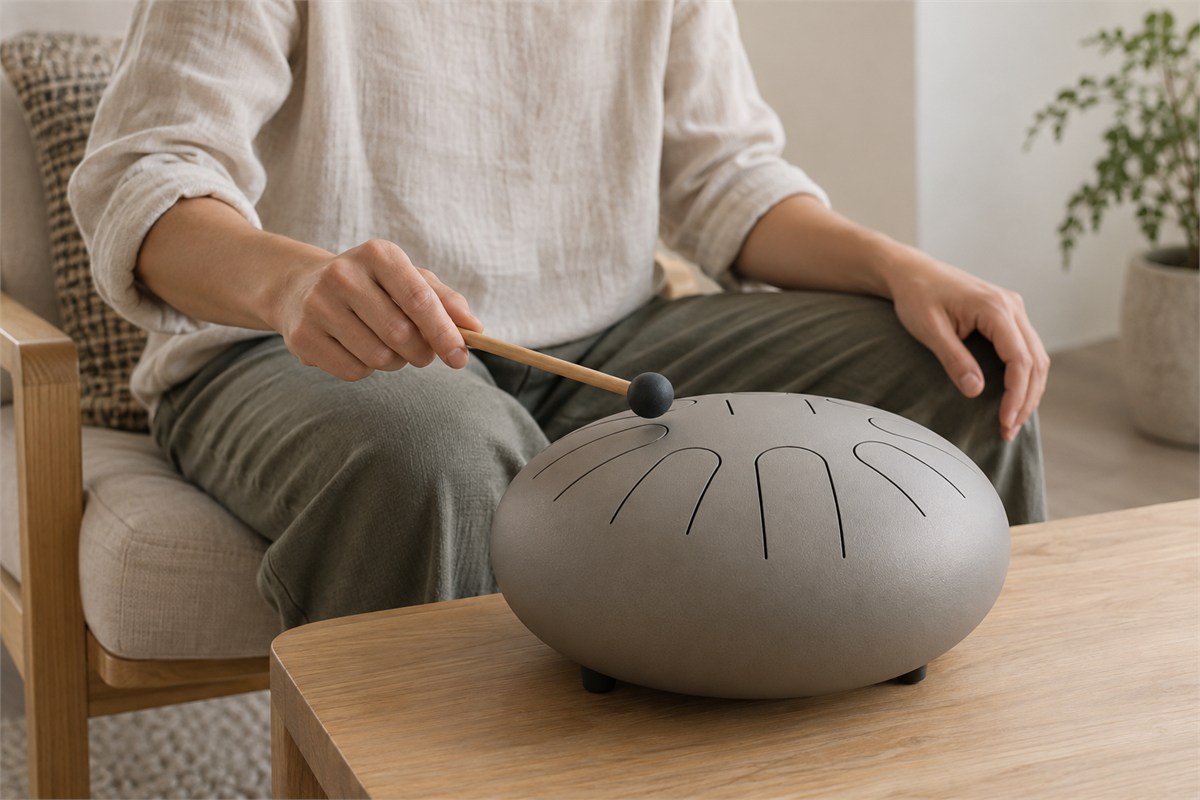 An adult holds a soft-headed mallet above an unlabelled steel tongue drum on a low wooden table.
