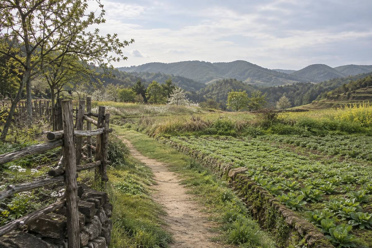 Pale grasses and cultivated fields frame a quiet rural path.
