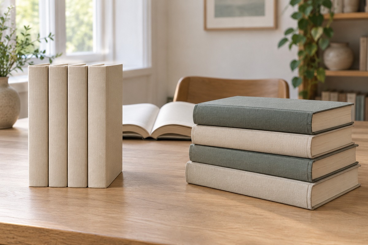 Four slim cream books stand beside four larger muted novels on a pale wood desk.