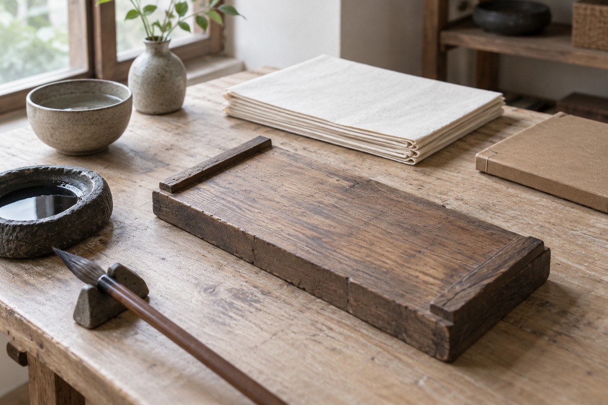 A wooden printing block and blank paper leaves rest on a workbench.