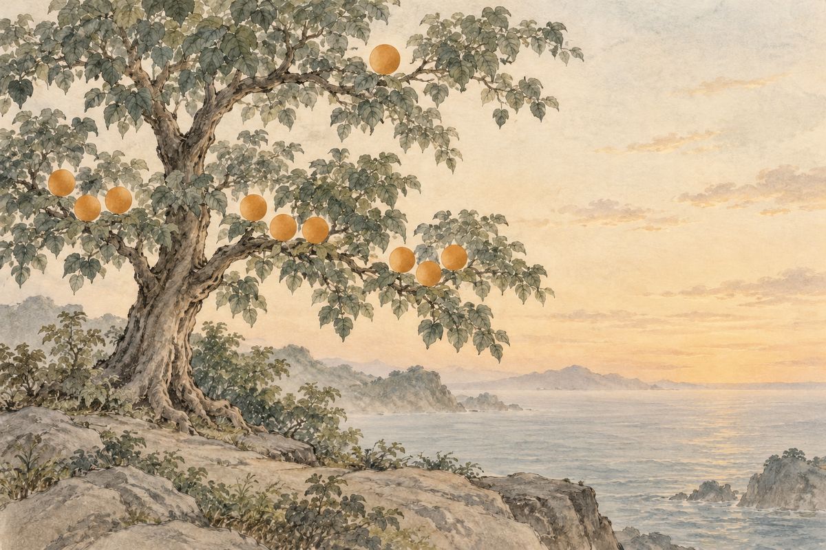 Watercolor tree beside the sea with nine ochre sun disks on lower branches and one above.