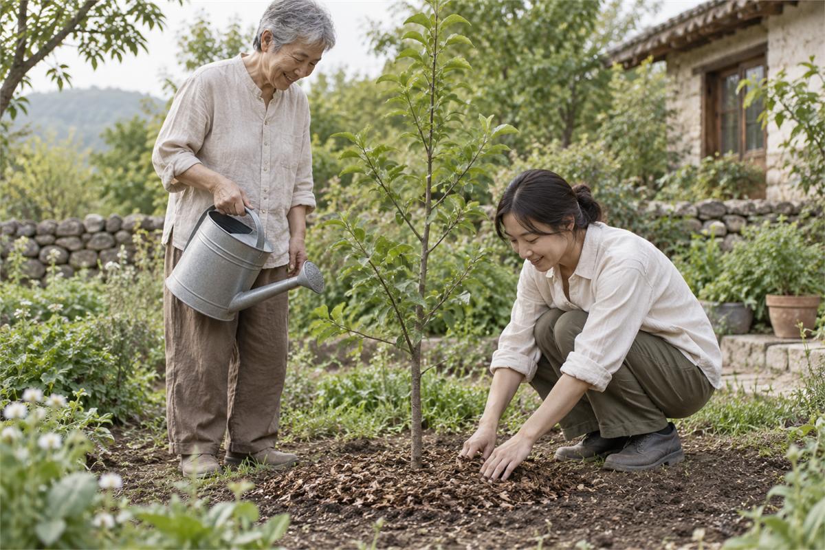 An older adult and a younger adult tend a young tree in a garden.