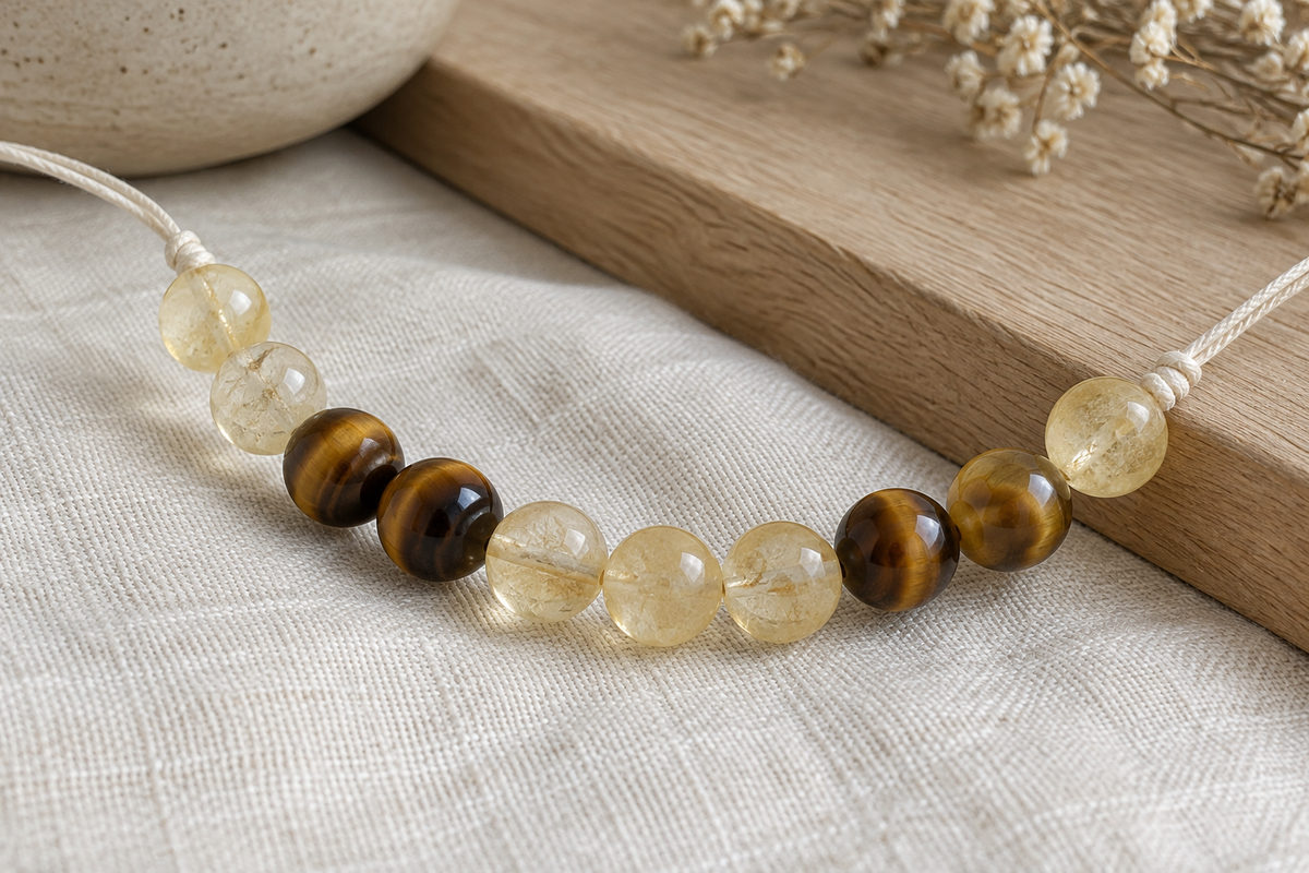 Golden-brown and pale yellow beads threaded on neutral cord