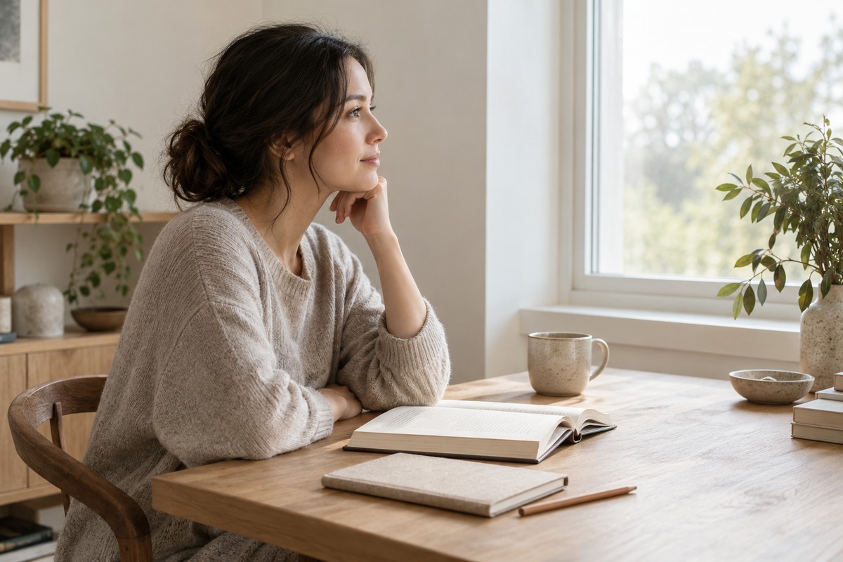 A reader pauses beside an open book with a closed notebook nearby.