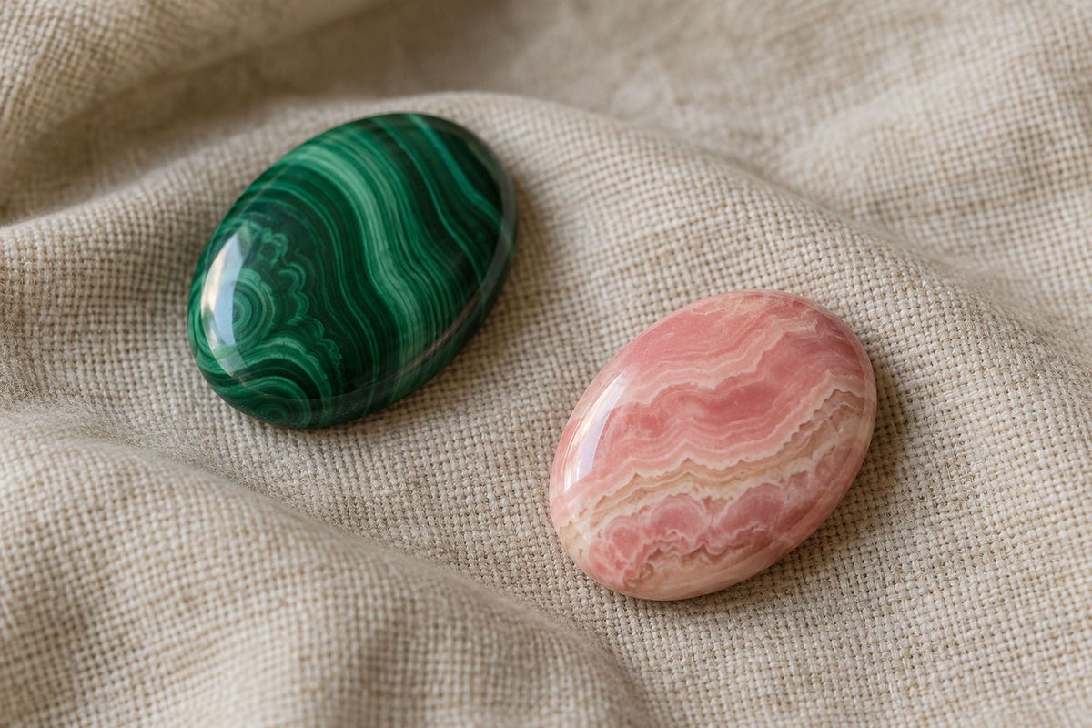 Green banded and pink banded polished stones on neutral linen