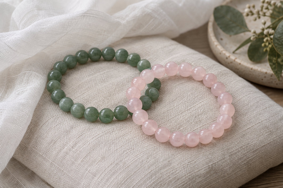 Green and pale pink bead bracelets on a soft ivory cloth