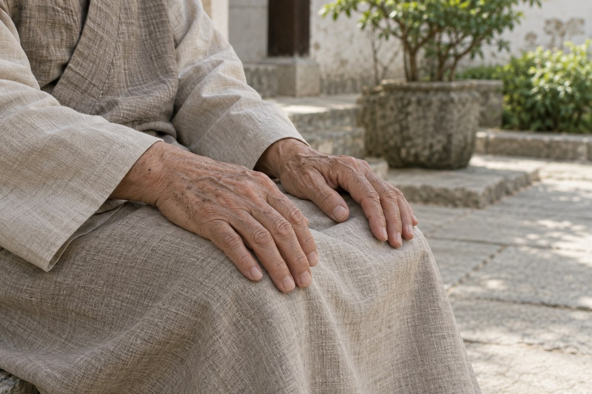 An older adult’s relaxed hands resting on a linen-covered lap.