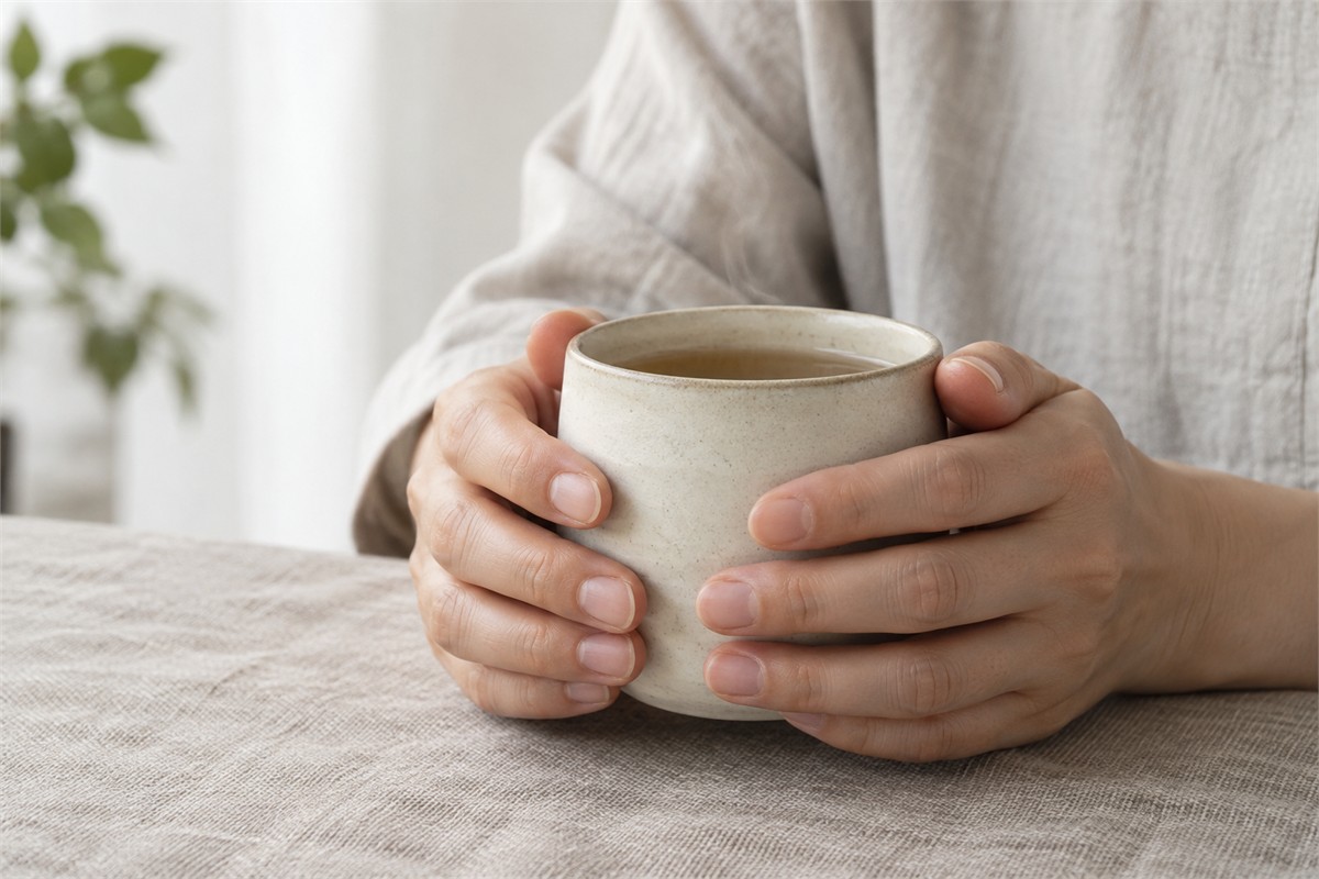 Hands hold a small warm ceramic cup above a linen-covered table.