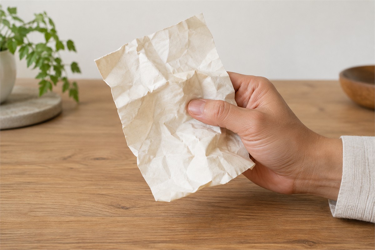 A hand holds a crumpled blank sheet of paper above a wooden surface.