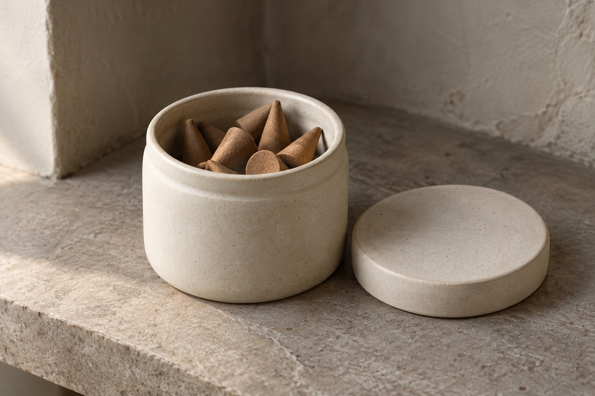 Unused brown cones inside an open plain ceramic storage jar with its lid beside it.