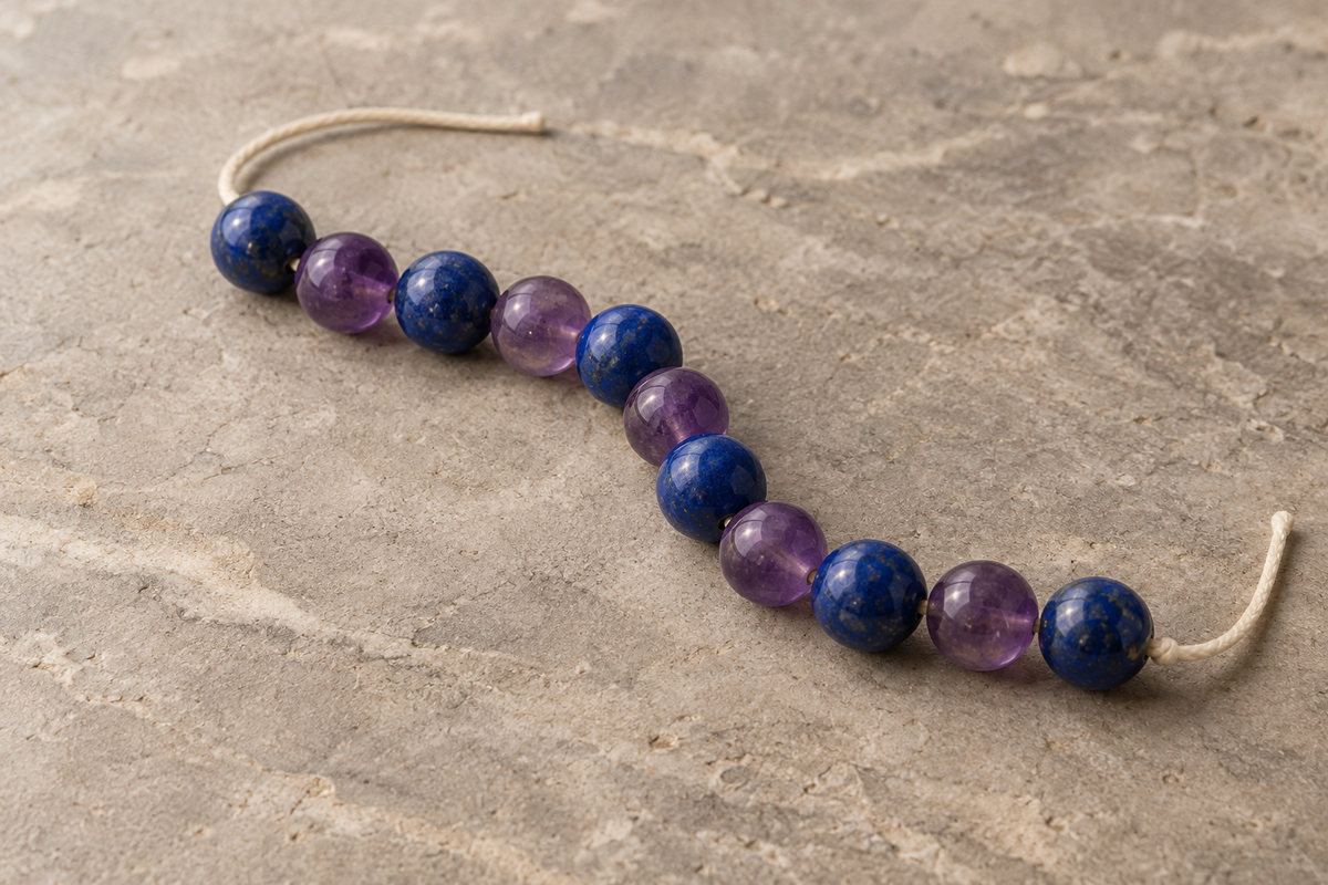 Deep blue and translucent violet beads on warm gray stone