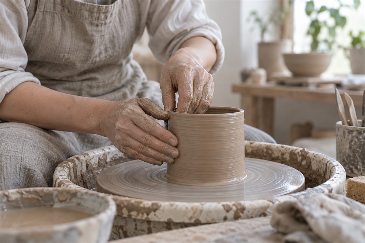 A potter’s hands shape a small clay vessel on a pottery wheel.