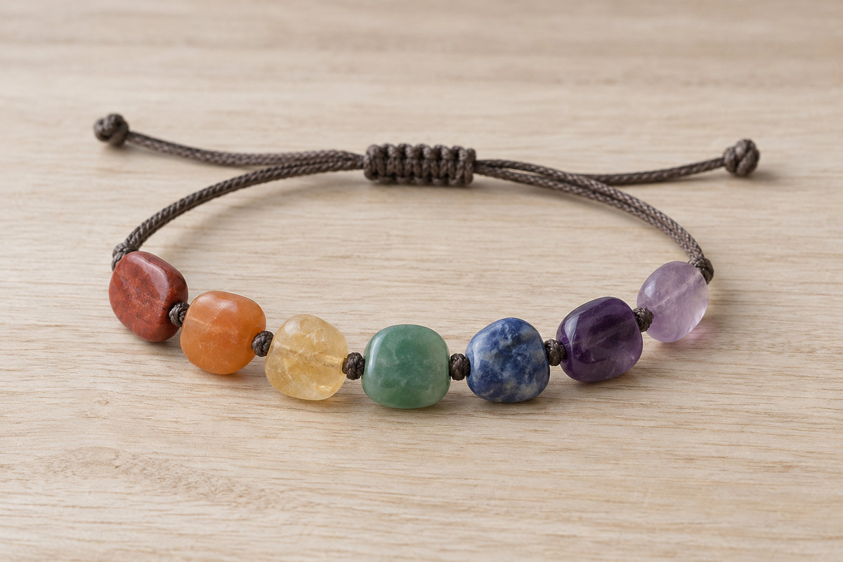 Flat irregular colored beads on a clearly connected adjustable woven cord