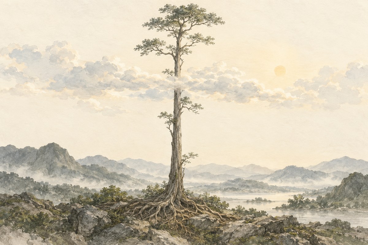 A watercolor tree rises from exposed roots through a pale band of cloud.