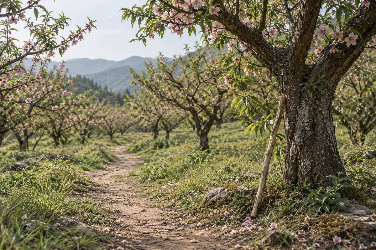 A wooden walking staff leans against a peach tree beside an orchard path.