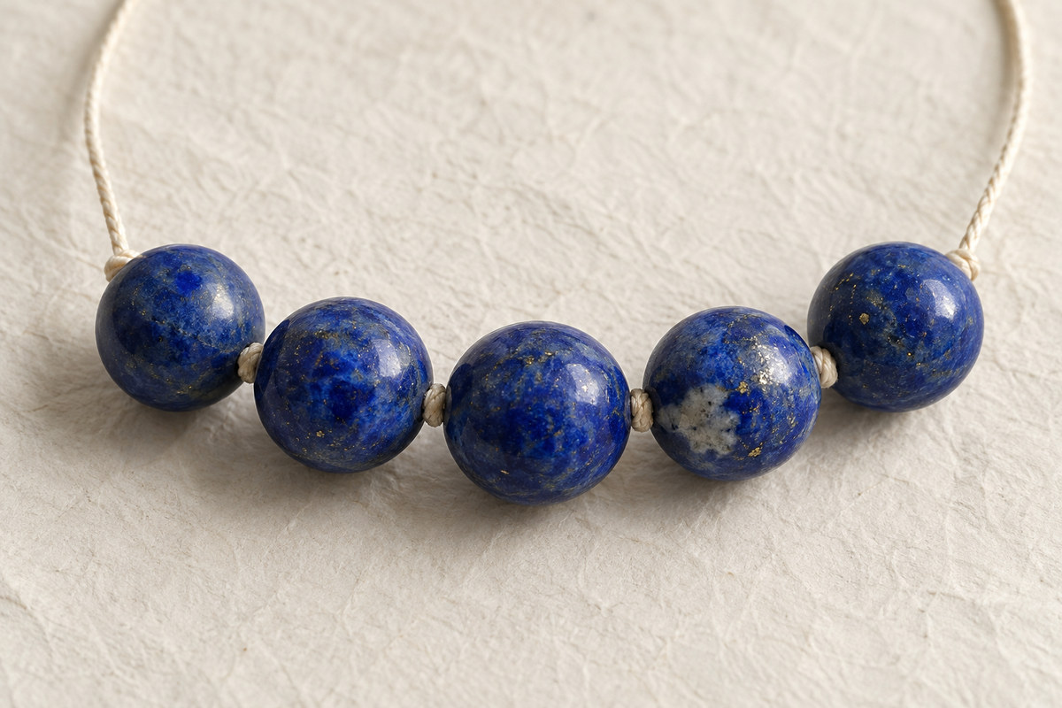 Deep blue polished beads with sparse metallic flecks on ivory paper