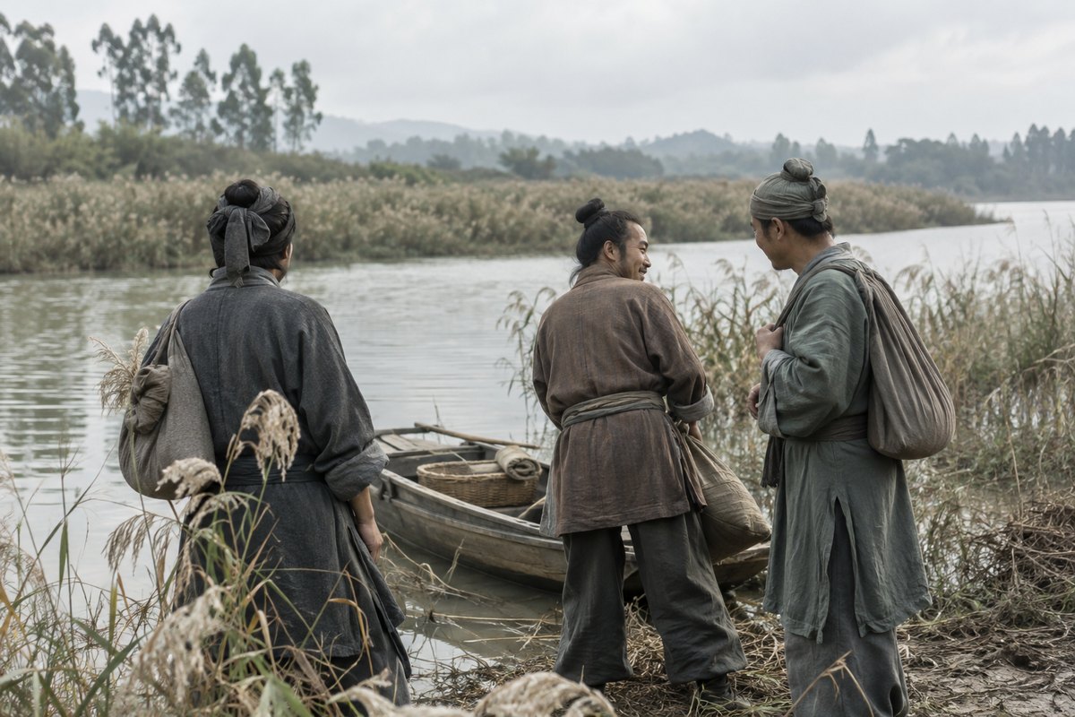 Three travelling companions stand near a simple boat at a marsh shore.