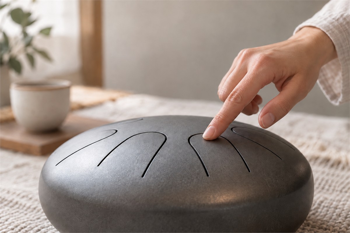 An adult finger pad lightly touches the flat surface of a cut steel tongue.
