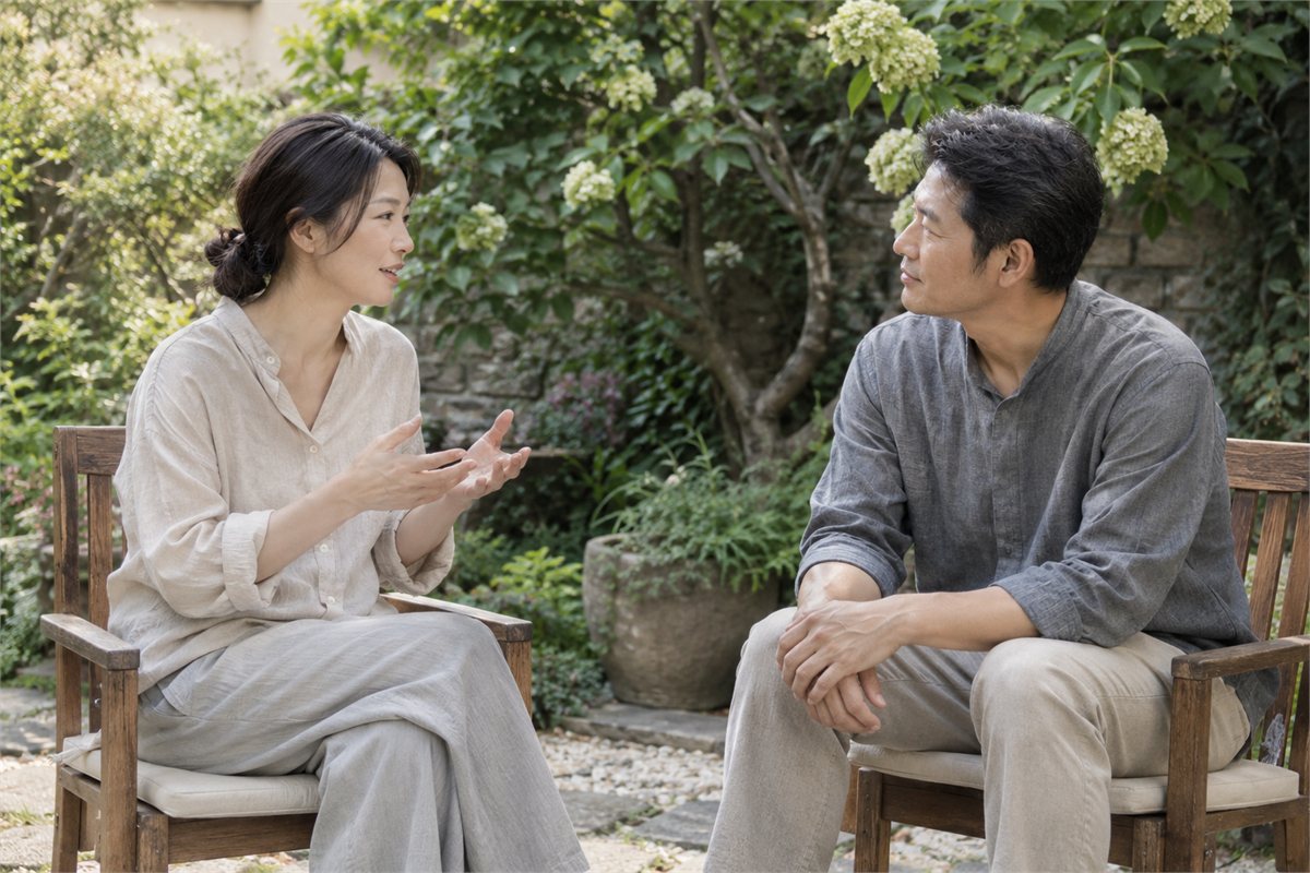 Two adults sit together in a garden and listen attentively to one another.