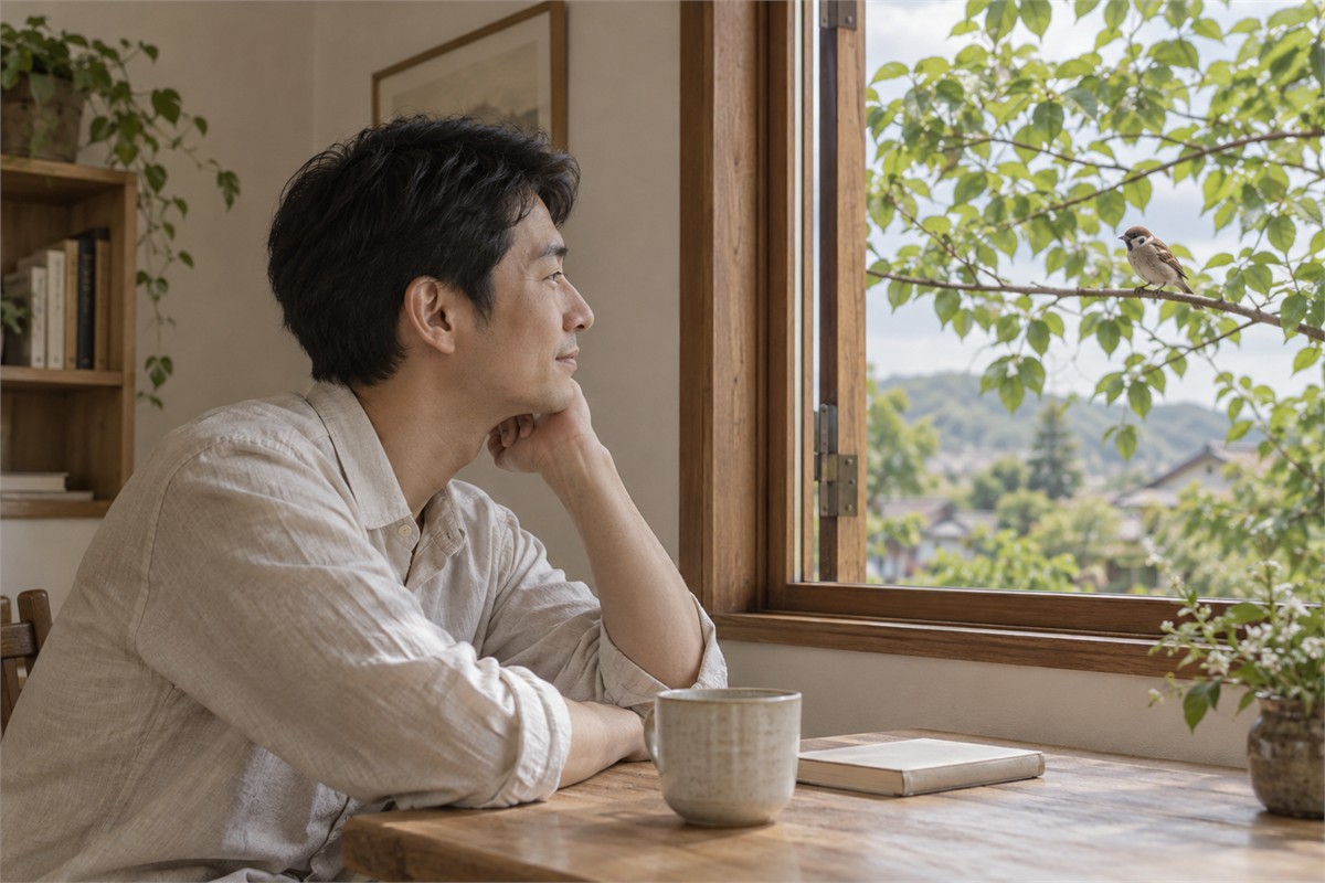 An adult listens near an open window while a small bird sits on an outside branch.