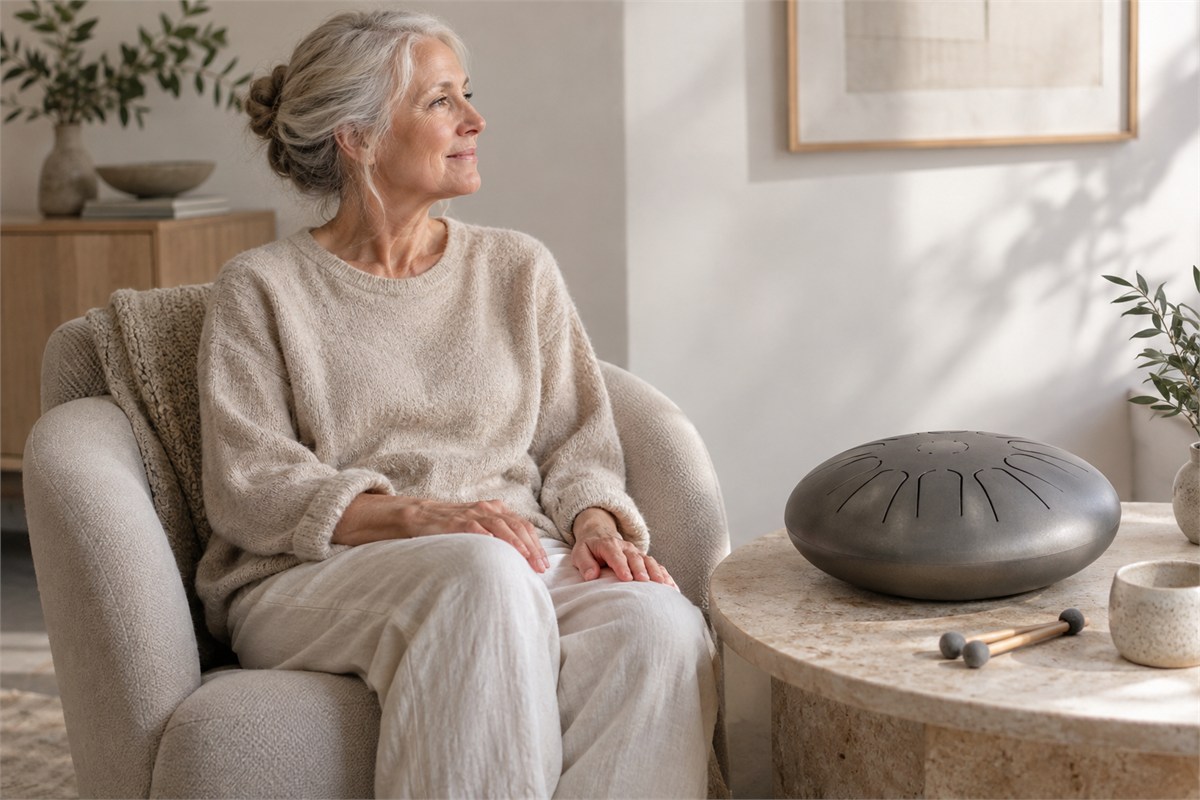 A seated player keeps both hands relaxed away from a steel tongue drum.