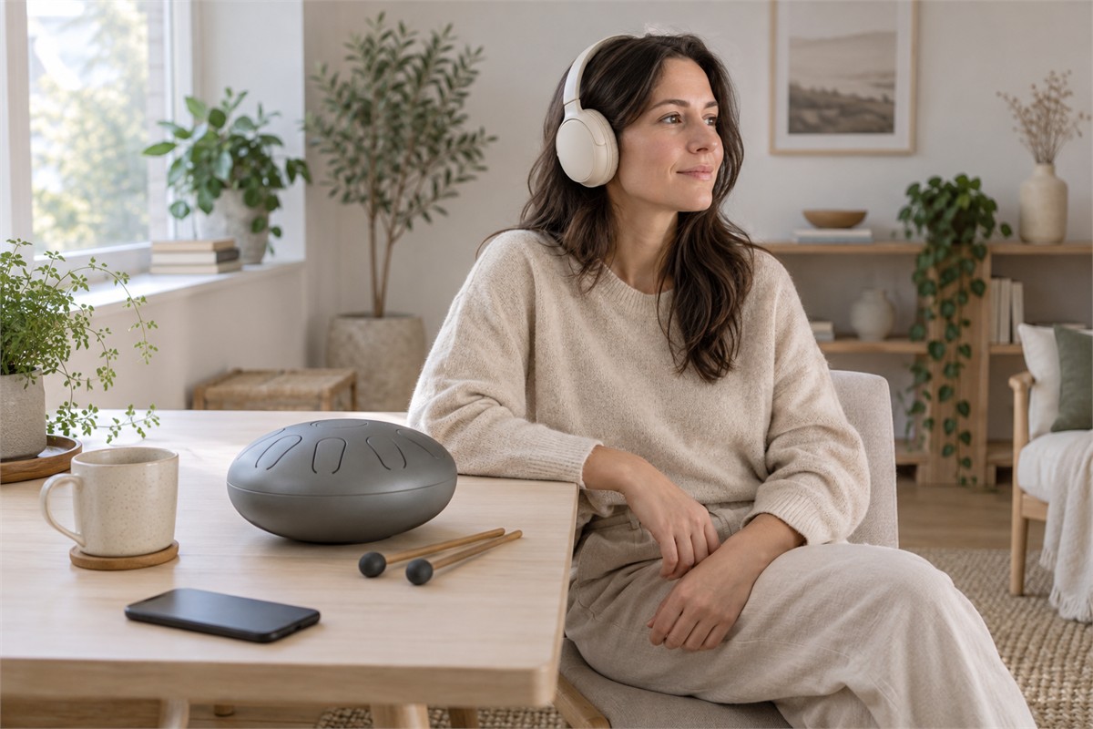 An adult wearing headphones listens beside a gray steel tongue drum.