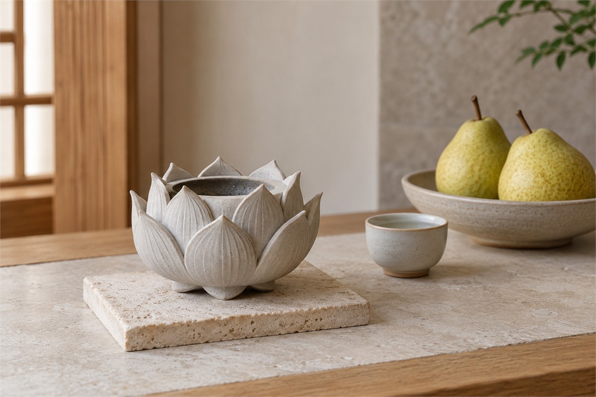 Empty lotus burner with a water cup and two pears placed separately on an altar
