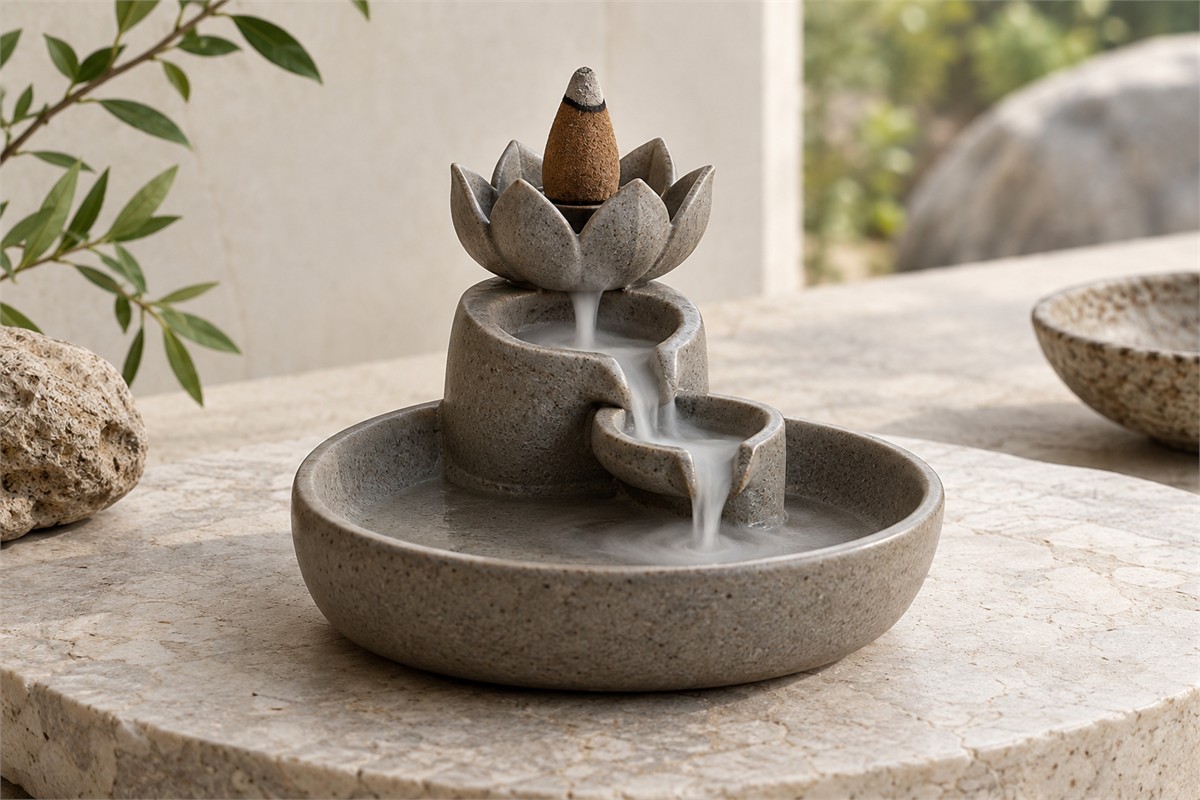 Low ceramic backflow burner with a lotus cone seat and open descending channels