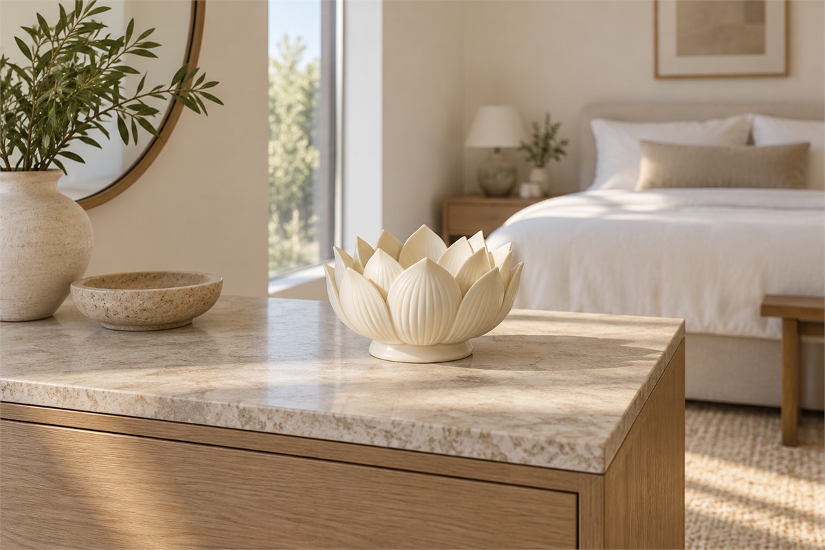 Empty lotus burner displayed on a bedroom dresser