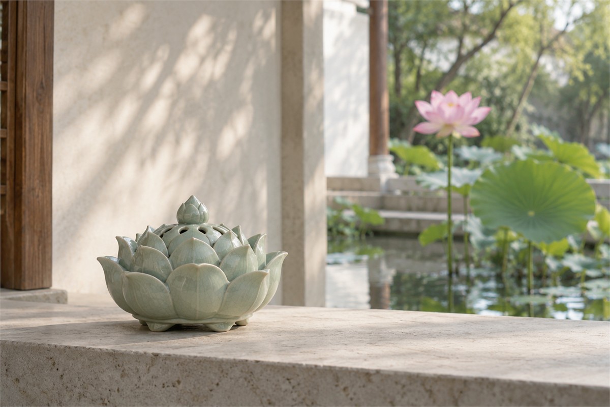 Unlit celadon lotus-shaped burner with a pink lotus flower in a distant pond