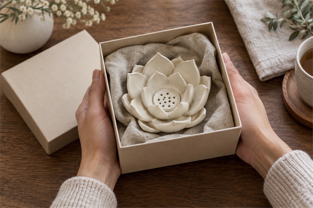 Hands holding an open gift box with an unlit lotus-shaped incense burner