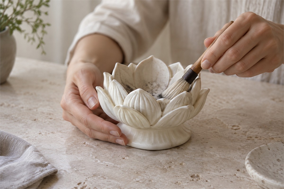 Hands gently brushing a cold ceramic lotus burner on a stone table