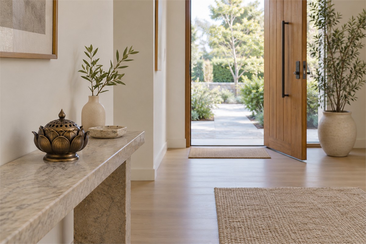 Unlit lotus burner on an entryway console beside a clear walking route