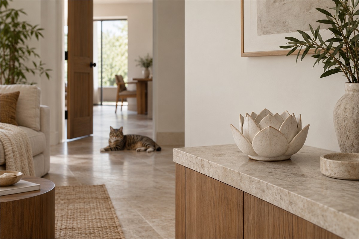 Unlit lotus burner on a sideboard with a cat resting far away on the floor