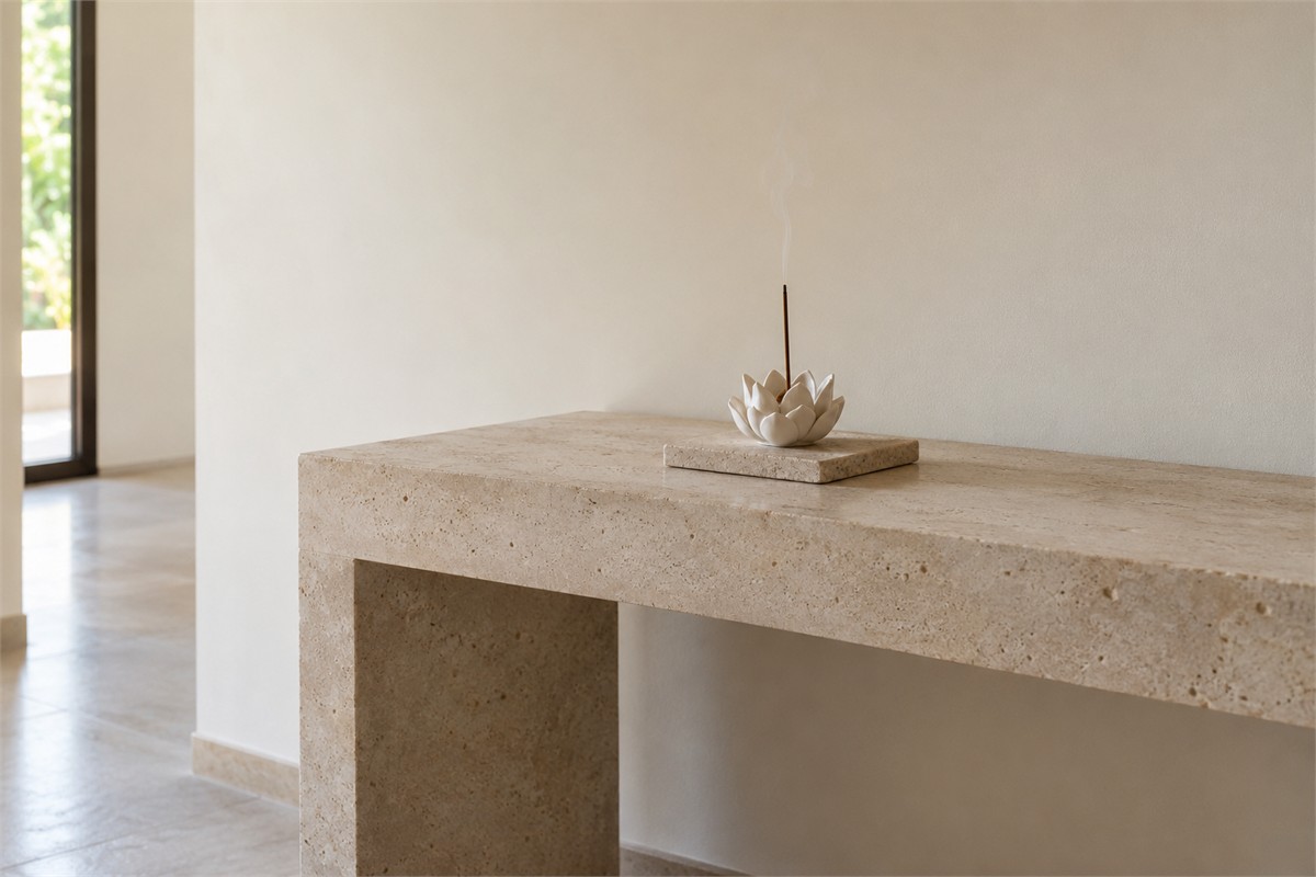 Ceramic lotus incense burner and incense stick on a stone slab in an open room