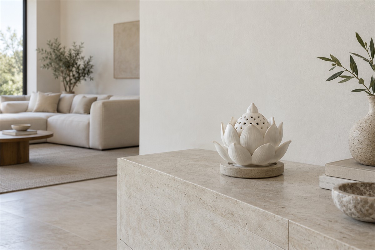 Unlit lotus burner on a clear living-room console beside an open walkway