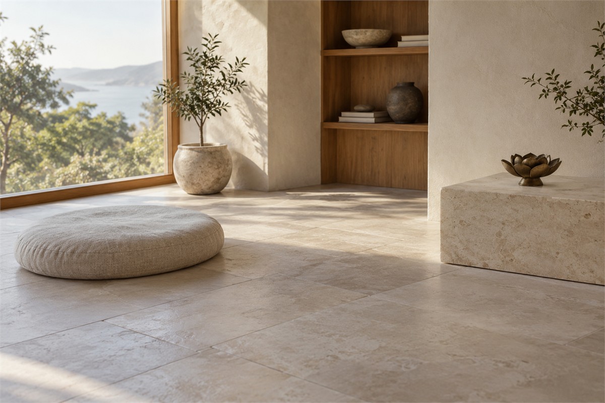 Meditation cushion and unlit lotus burner separated by clear floor space