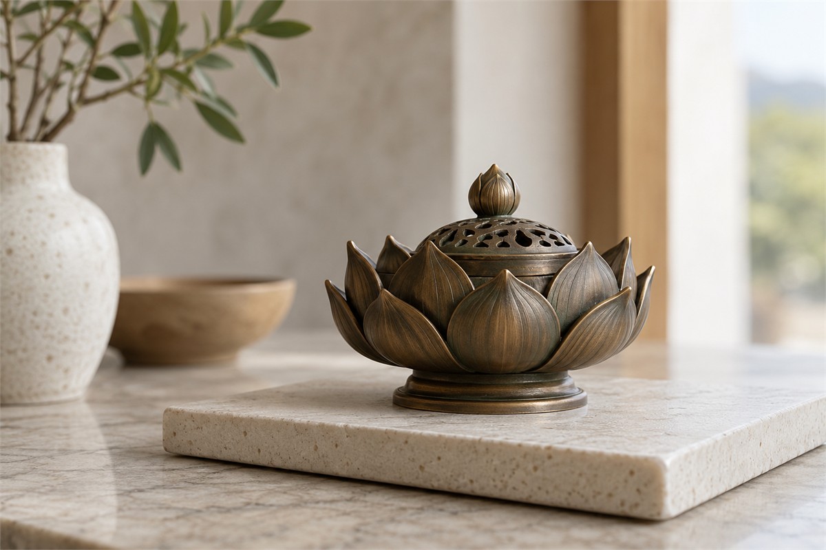 Metal lotus burner resting fully on a thick pale stone support