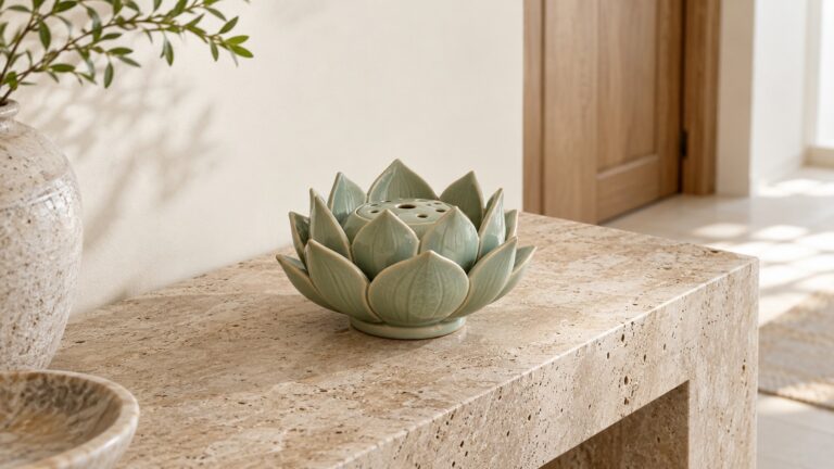 Unlit celadon lotus burner on a travertine console in a softly lit home