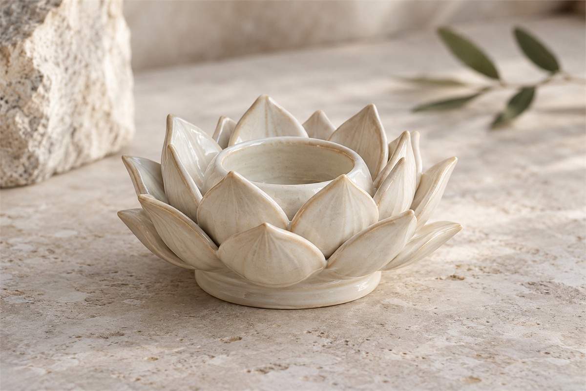 Layered ceramic lotus petals above a broad flat base on stone