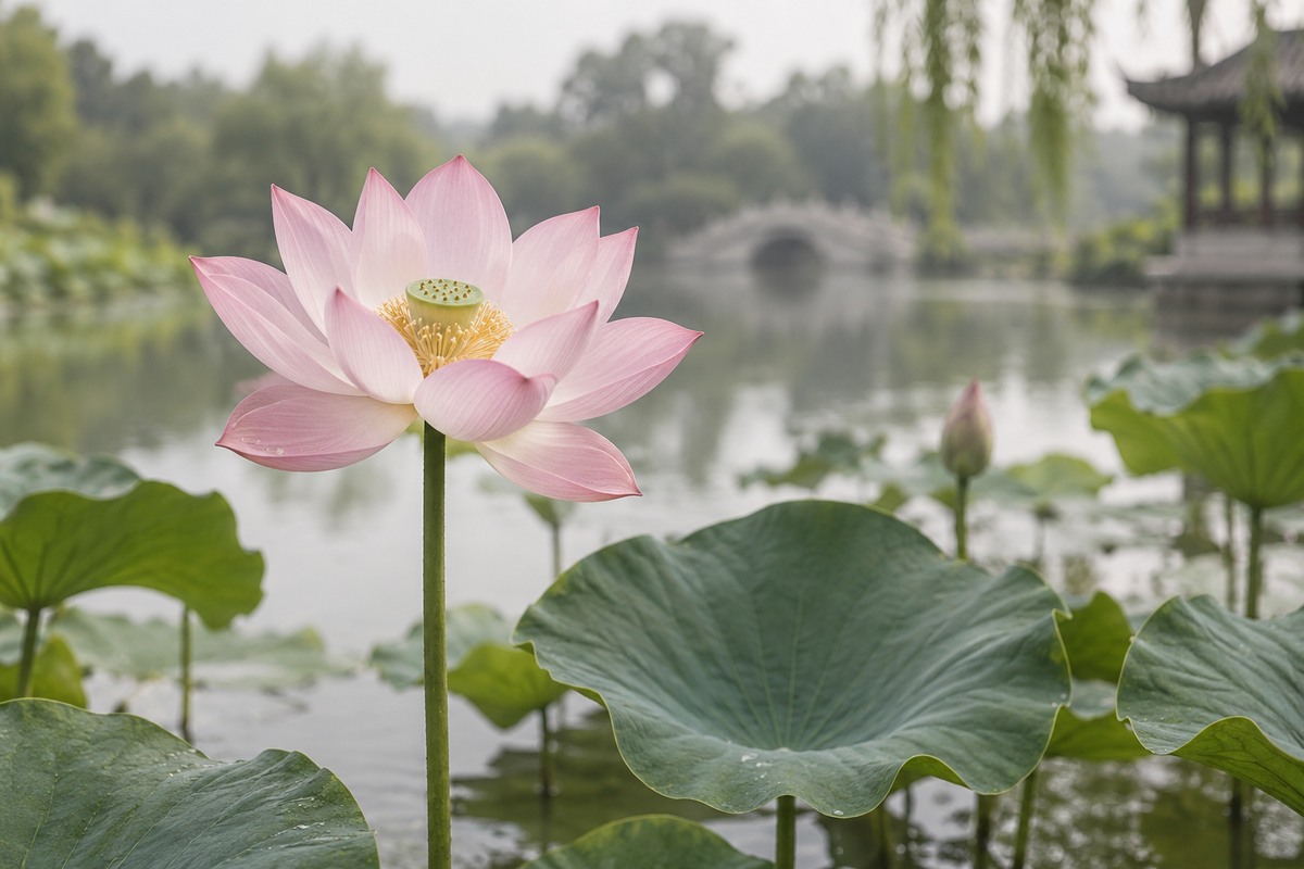 A pale pink lotus blossom rising above pond water and round lotus leaves.