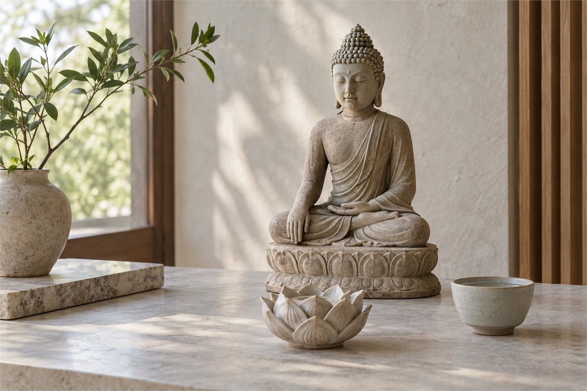 An unlit lotus burner in front of a seated Buddha statue on a simple home altar
