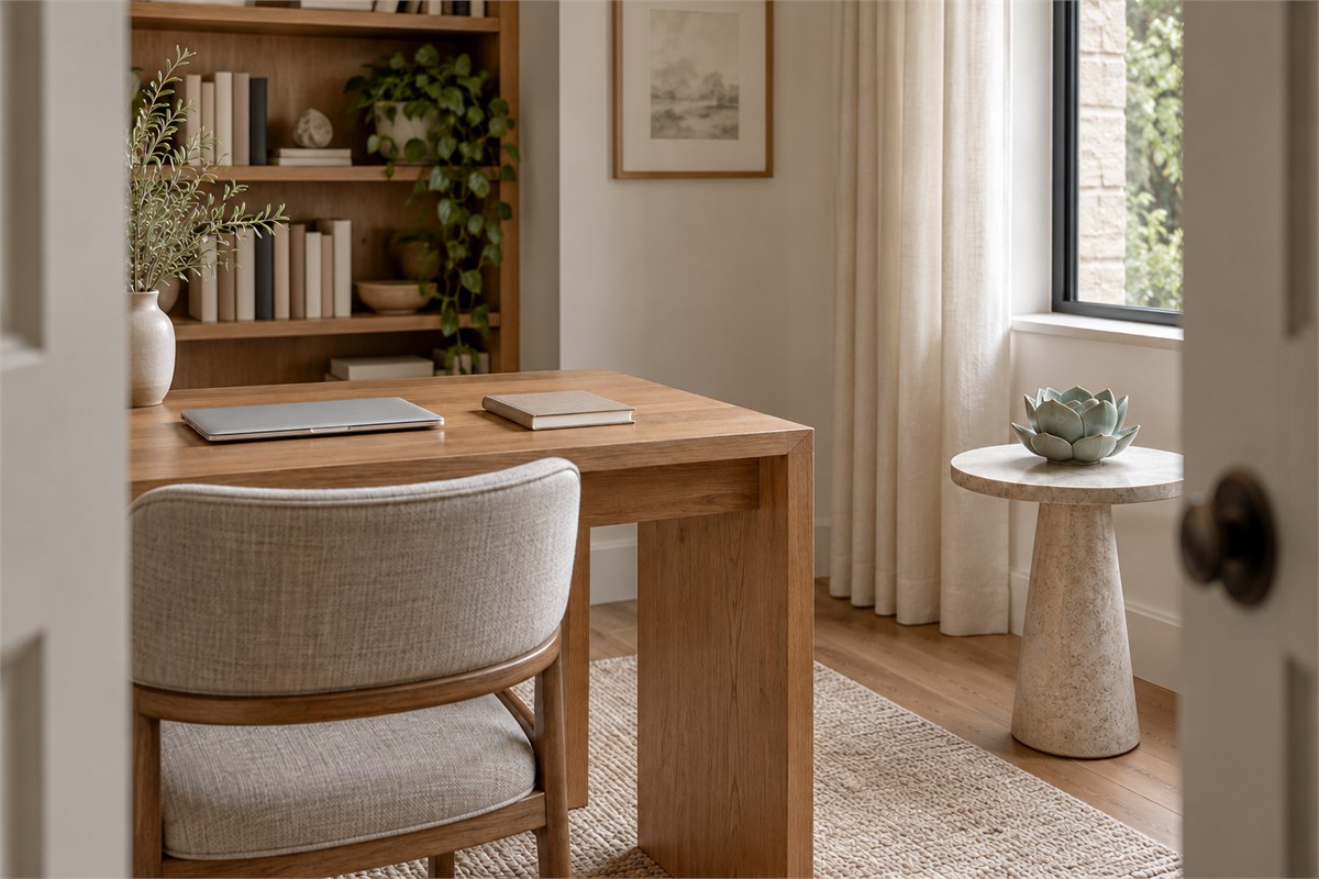 Unlit lotus burner on a separate side table in a home study