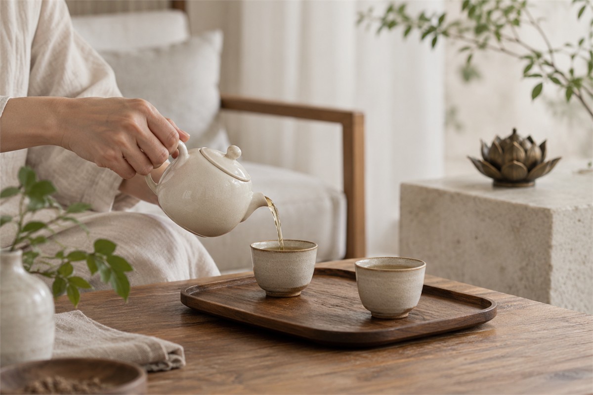 Tea being poured with an unlit lotus burner outside the serving area
