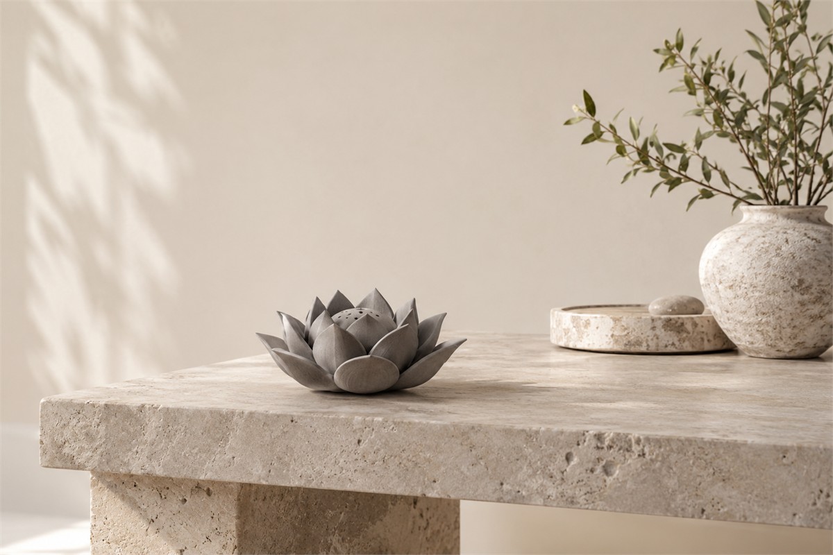 Unlit gray lotus burner on a broad stone console with open space behind it
