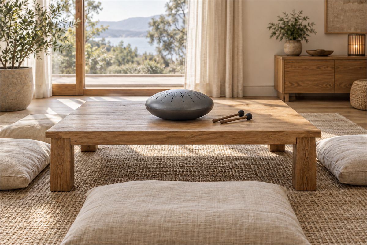 A steel tongue drum and two rubber-headed mallets sit on a clear low wooden table beside floor cushions.